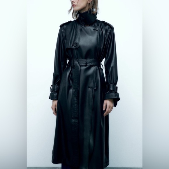 ZARA BELTED FAUX LEATHER TRENCH COAT - Picture 6 of 8